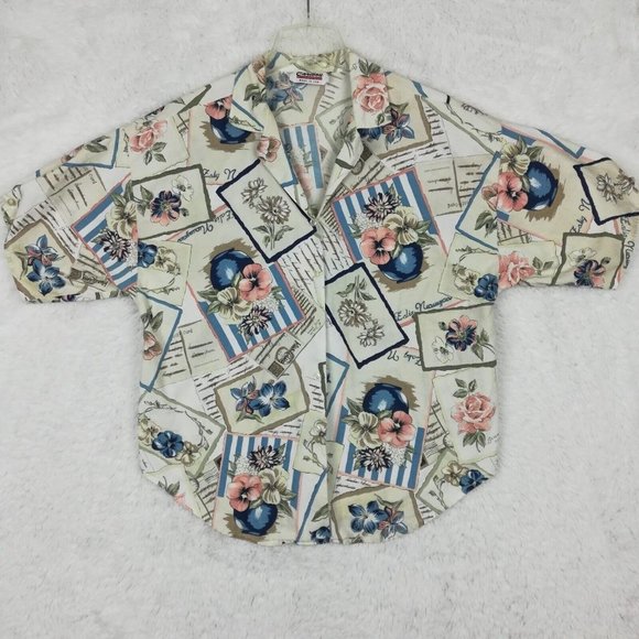 Vintage Caribou Womens Shirt Button Down Short Sleeve Floral Notched Collar XL - Picture 1 of 12